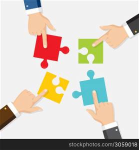 Four businessman connecting puzzle. Vector. Business teamwork concept. . Business teamwork concept. Four businessman connecting puzzle. Vector