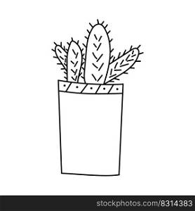Four cacti in a vertical pot in the style of a doodle. Vector isolated image for use in web design or as print. Four cacti in a vertical pot in the style of a doodle
