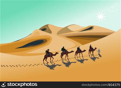 Four camel riders are hiking in the hot sun in the desert with sand mountain background.