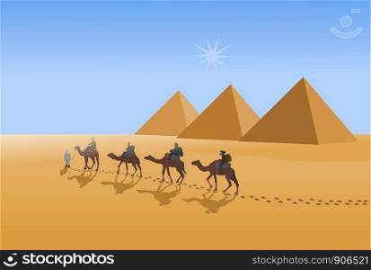 Four camel riders are hiking in the hot sun in the desert with pyramid and blue sky background.