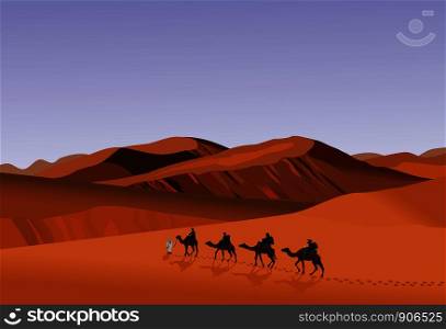 Four camel riders are hiking in the hot sun in the desert with mountain and blue sky background.