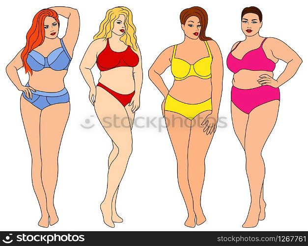 Four charming fat women in colorful underwear, isolated on white background, lingerie advertisement for thick ones