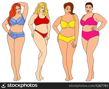 Four charming fat women in colorful underwear, isolated on white background, lingerie advertisement for thick ones