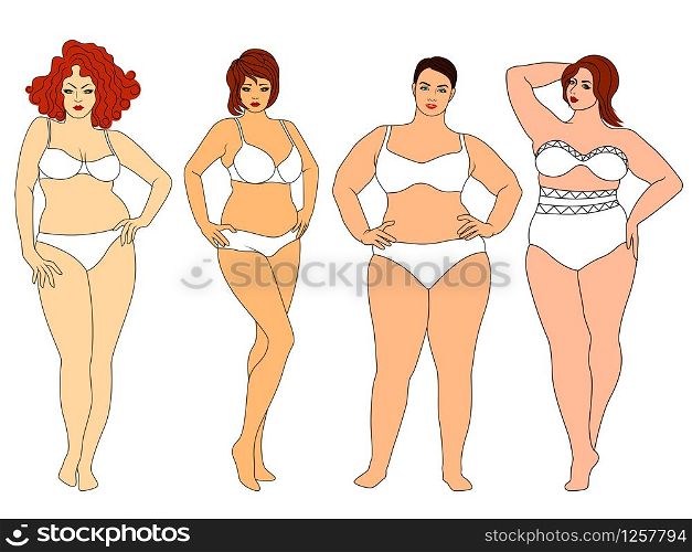 Four charming fat women in underwear, isolated on white background, lingerie advertisement for thick ones