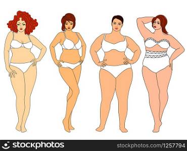 Four charming fat women in underwear, isolated on white background, lingerie advertisement for thick ones