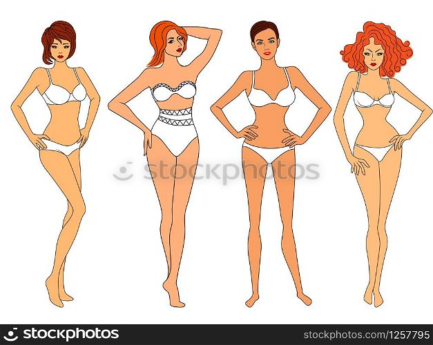 Four charming slim women in underwear, isolated on white background, advertisement of lingerie