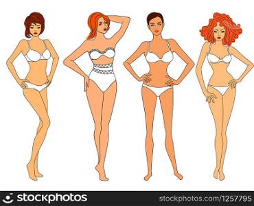 Four charming slim women in underwear, isolated on white background, advertisement of lingerie