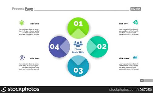 Four circle flowchart slide template. Business data. Graph, diagram, design. Creative concept for infographic, web design. Can be used for topics like management, business development, startup