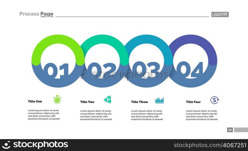 Four circle flowchart with description slide template. Business data. Graph, diagram, design. Creative concept for infographic, report. Can be used for topics like strategy, plan, marketing