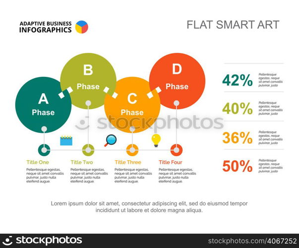 Four circles percentage chart template for presentation. Vector illustration. Abstract elements of diagram, graph, infochart. Progress, banking, business or finance concept for infographic, report.