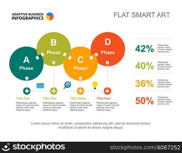 Four circles percentage chart template for presentation. Vector illustration. Abstract elements of diagram, graph, infochart. Progress, banking, business or finance concept for infographic, report.