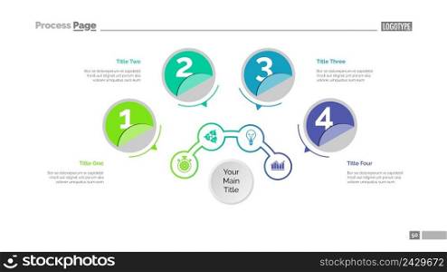 Four circles process chart slide template. Business data. Structure, diagram, design. Creative concept for infographic, presentation, report. Can be used for topics like marketing, recruitment, analytics.