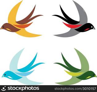 Four colorful birds in flight on white background - vector