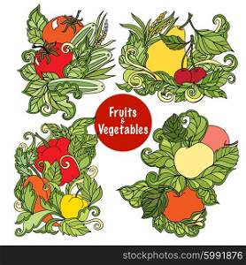 Four colorful ornamental fruits and vegetables compositions with succulent leaves country style eco abstract isolated vector illustration. Ornamental fruits and vegetables compositions set