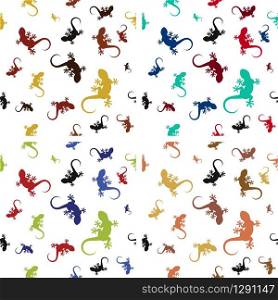 Four colorful seamless patterns with lizards. Many gecko different sized and bright colors. Gentle and soft vector illustration on white background.. Four colorful seamless patterns with lizards