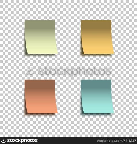 Four colorful stickers. Collection colorful stickers with peeling off edge realistic style for labeling information. Stickers notes isolated on transparent background. Vector illustration