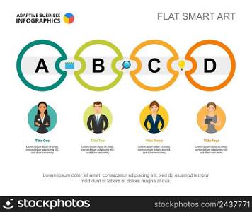 Four connected circles process chart template for presentation. Business data visualization. Company, teamwork, planning or marketing creative concept for infographic, report, project layout.