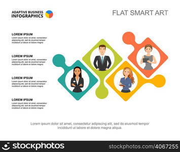 Four coworkers process chart template for presentation. Business data visualization. Work, strategy, management, recruitment or marketing creative concept for infographic, report, project layout.