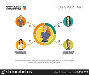Four coworkers process chart template for presentation. Vector illustration. Diagram, graph, infochart. Vision, analysis, planning or marketing concept for infographic, report.