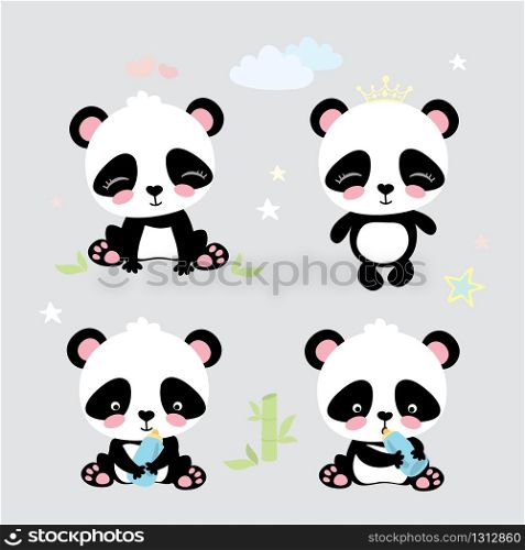 Four cute pandas in various poses,funny cartoon vector illustration. Four cute panda,funny cartoon vector