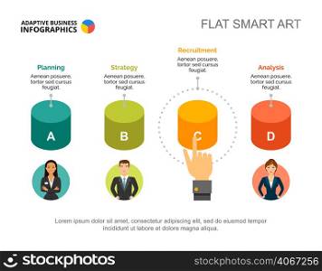 Four cylinders options process chart template for presentation. Vector illustration. Abstract elements of diagram, graph. Workflow, planning, business or teamwork concept for infographic, report.