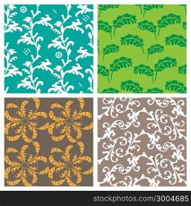 Four decorative graphic color curly seamless background patterns