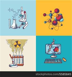 Four decorative principal chemistry scientific dna molecule formula research computer tools isolated icons doodle sketch vector illustration