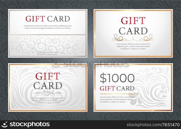 Four designed gift cards isolated on background. Templates of paper discount on shopping with text, copyspace. Present certificate on 1000 bucks. Card with ornament. Vector illustration in flat style. 500 Dollars Gift Card, Certificate on Presents