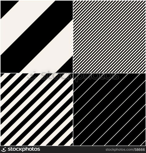 Four diagonal patterns collection. Diagonal lines seamless black and white pattern. Repeat straight monochrome stripes texture background. Geometric vector background.