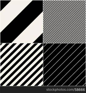 Four diagonal patterns collection. Diagonal lines seamless black and white pattern. Repeat straight monochrome stripes texture background. Geometric vector background.