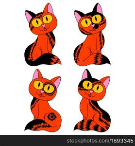 Four different cartoon cats for Halloween in black and orange colors isolated on white background, image of pets