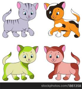Four different cartoon cats isolated on white background, color image of pets