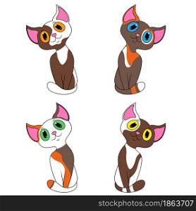 Four different cartoon cats isolated on white background, color image of pets