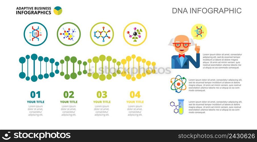 Four DNA options process chart slide template. Business data. Investigation, diagram, design. Creative concept for infographic, project. Can be used for topics like planning, science, genetics.