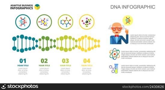 Four DNA options process chart slide template. Business data. Investigation, diagram, design. Creative concept for infographic, project. Can be used for topics like planning, science, genetics.