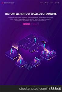 Four elements of successful teamwork banner. Vector infographic of business organization, team work success with isometric people, graph and puzzle icons. Four elements of successful teamwork banner