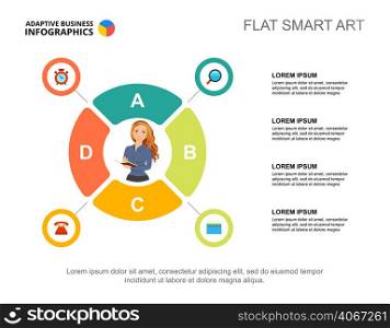 Four elements process chart template for presentation. Business data. Diagram, graphic. Plan, workflow, management, finance or marketing creative concept for infographic, project layout.