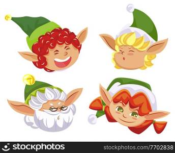 Four elves having fun and laughing. Happy faces of little boys and girl isolated on white, heads with green hats. Fairy characters that help santa claus with gifts on christmas. Vector illustration. Four Christmas Elves, Fairy Characters Having Fun