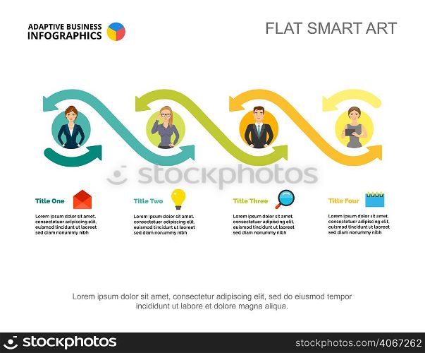 Four employees options process chart template for presentation. Vector illustration. Abstract elements of diagram, graph. Project, planning, business or teamwork concept for infographic, report.