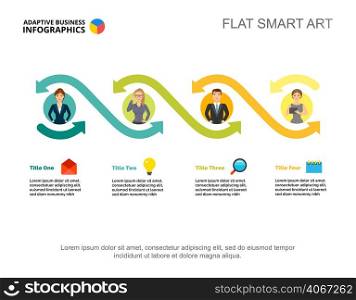 Four employees options process chart template for presentation. Vector illustration. Abstract elements of diagram, graph. Project, planning, business or teamwork concept for infographic, report.