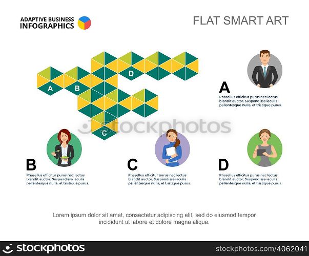 Four employees process chart template for presentation. Vector illustration. Diagram, graph, infochart. Staff, plan, business, teamwork, consulting or marketing concept for infographic, report.