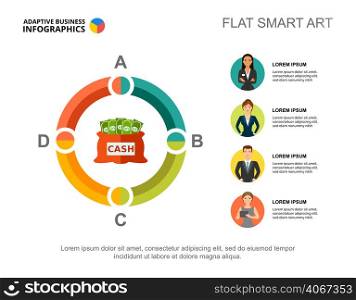 Four financial elements process chart template for presentation. Business data. Abstract elements of diagram, graphic. Plan, finance, management or teamwork creative concept for infographic, project.
