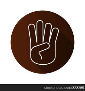 Four fingers up hand gesture. Flat linear long shadow icon. Vector line symbol. Four fingers up hand gesture