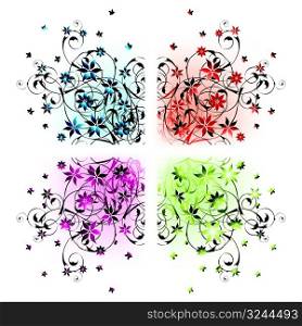 four floral corners in different colors, vector illustration