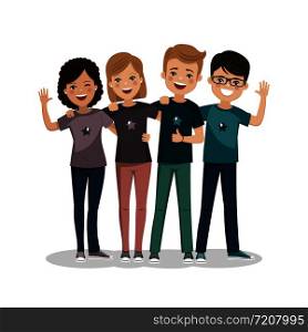 Four friends hugged together. Youth people. Happy boys and girls. Isolated flat vector illustration