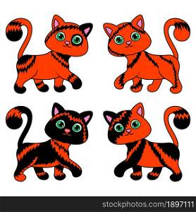 Four funny different cartoon cats for Halloween in black and orange isolated on white background