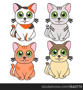 Four funny different cartoon cats isolated on white background, color image of pets