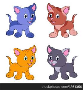 Four funny different cartoon cats isolated on white background, color image of pets