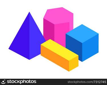 Four geometric figures isolated on white backdrop, cuboid and blue cube, hexagonal prism and pyramid, set of colorful figures, vector illustration. Four Geometric Figures Isolated on White Backdrop