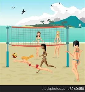 Four girls playing volleyball on the beach. Beach volleyball, net, women in bikinis. Flat cartoon vector illustration. Girl in a red bathing suit jumping for the ball